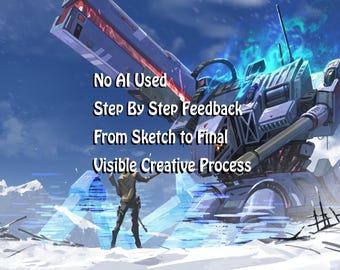 Op de afbeelding: Digitale illustratie van een futuristische mech en een figuur in een besneeuwd landschap. De afbeelding bevat de tekst "No AI Used, Step By Step Feedback, From Sketch to Final, Visible Creative Process."