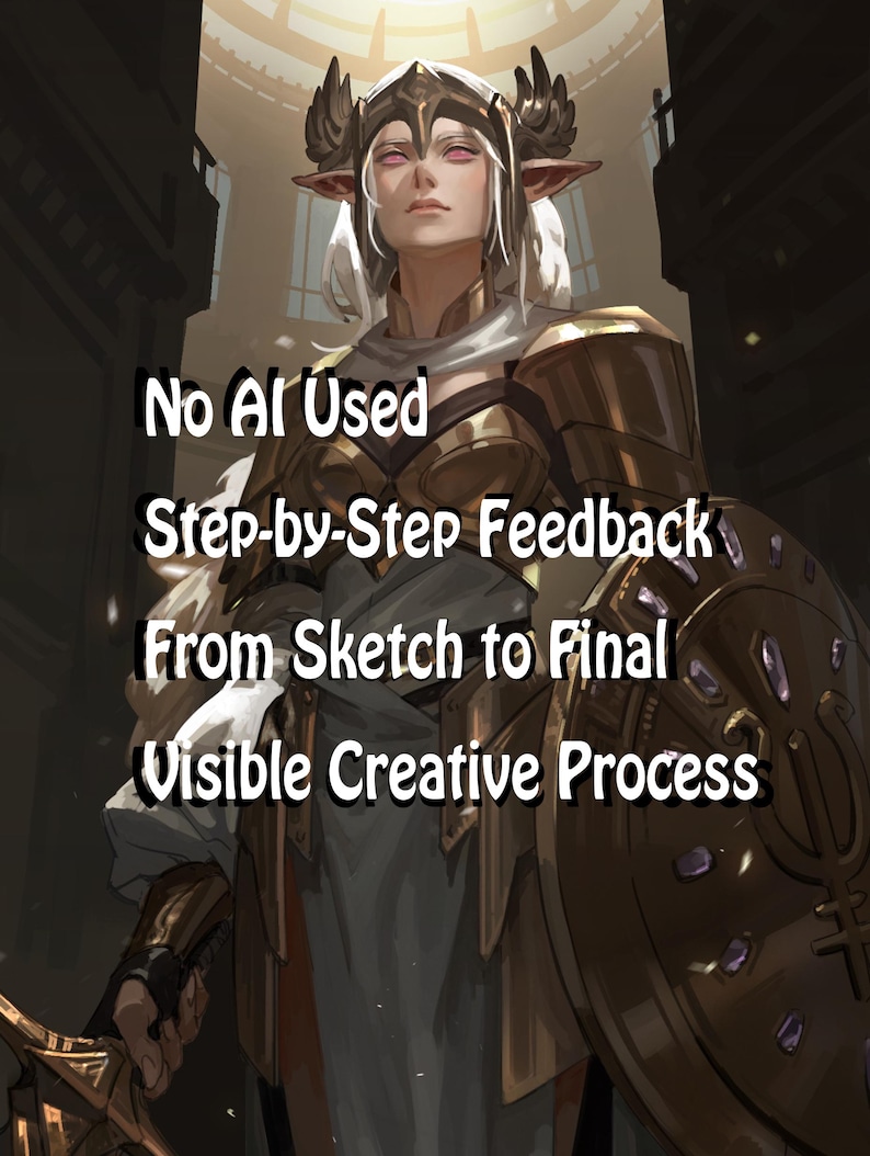 Op de afbeelding: Een digitale illustratie van een krijger met puntige oren in een gouden harnas en helm, met een schild met paarse edelstenen. De tekst luidt: No AI Used, Step-by-Step Feedback, From Sketch to Final, Visible Creative Process.