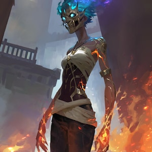 Op de afbeelding: Een digitale illustratie van een figuur met een metalen gouden masker, gloeiende blauwe ogen en paars-blauwe vlammen als haar. De donkere huid heeft gloeiende oranje barsten, gekleed in een wit wikkelshirt en een donkere broek.