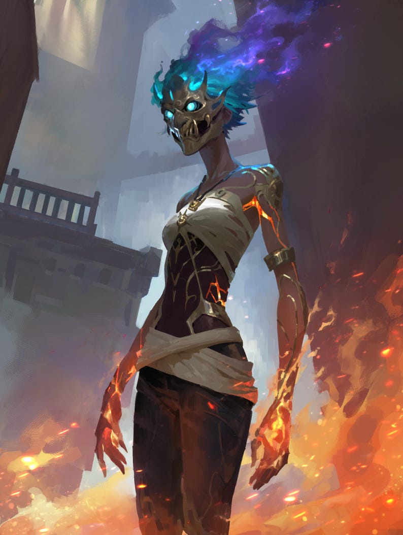 Op de afbeelding: Een digitale illustratie van een figuur met een metalen gouden masker, gloeiende blauwe ogen en paars-blauwe vlammen als haar. De donkere huid heeft gloeiende oranje barsten, gekleed in een wit wikkelshirt en een donkere broek.