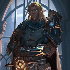 Op de afbeelding: Een digitale illustratie van een elf met een lichte huid, lang blond haar en puntige oren, gekleed in een donkerblauw en bronskleurig harnas met gouden accenten. Het figuur staat met gekruiste armen en houdt een groot zwaard met een embleem.