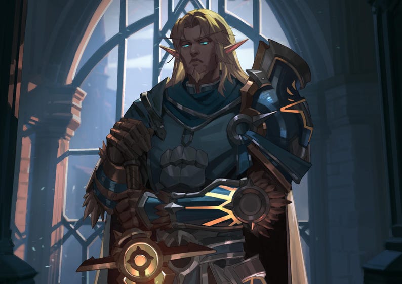 Op de afbeelding: Een digitale illustratie van een elf met een lichte huid, lang blond haar en puntige oren, gekleed in een donkerblauw en bronskleurig harnas met gouden accenten. Het figuur staat met gekruiste armen en houdt een groot zwaard met een embleem.