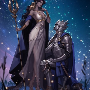 Op de afbeelding: Een digitale illustratie met een figuur in een witte jurk met gouden accenten en een blauwe cape, die een hoge gouden staf vasthoudt met een uil op de schouder. Naast hen knielt een ridder in zilveren harnas, gekleed in een blauwe cape.
