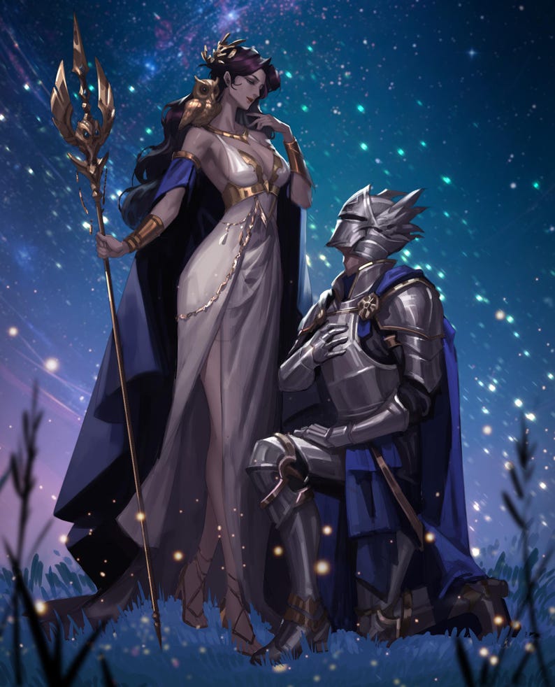 Op de afbeelding: Een digitale illustratie met een figuur in een witte jurk met gouden accenten en een blauwe cape, die een hoge gouden staf vasthoudt met een uil op de schouder. Naast hen knielt een ridder in zilveren harnas, gekleed in een blauwe cape.