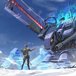 Op de afbeelding: Een grote, paarse mechanische robot met een enorme kanonarm staat in een besneeuwd landschap. Een figuur in een beige jas en donkere broek staat ervoor, gericht op de machine, omringd door gloeiende blauwe digitale artefacten en bergen.