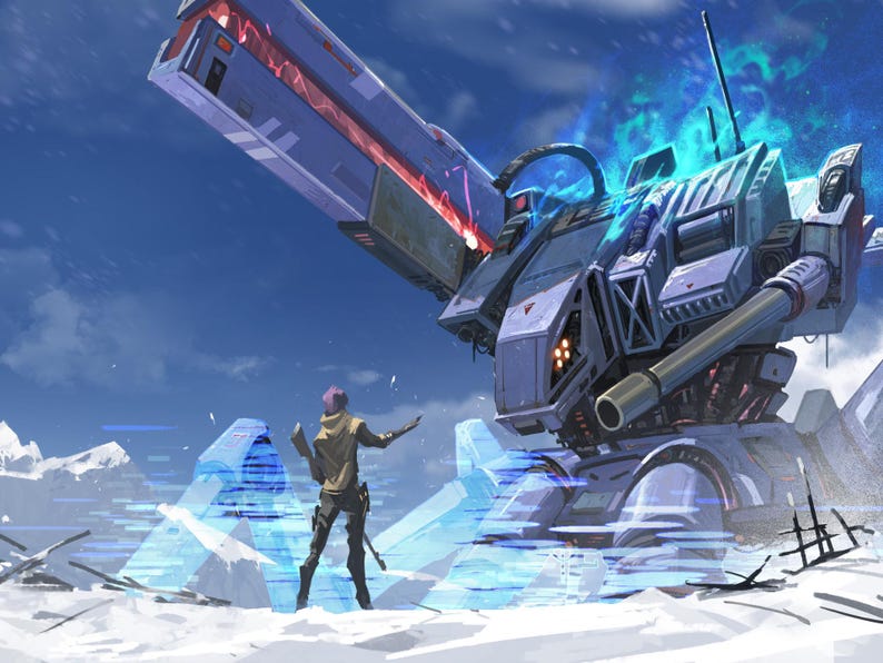 Op de afbeelding: Een grote, paarse mechanische robot met een enorme kanonarm staat in een besneeuwd landschap. Een figuur in een beige jas en donkere broek staat ervoor, gericht op de machine, omringd door gloeiende blauwe digitale artefacten en bergen.