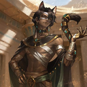 Op de afbeelding: Een digitale illustratie van een donkerhuidig personage met kattenoren en een staart, dragend een zwart-gouden halsband met een ankh-symbool, turkooizen oorbellen en witte windsels rond het bovenlichaam, de armen en de ogen in een tempel.