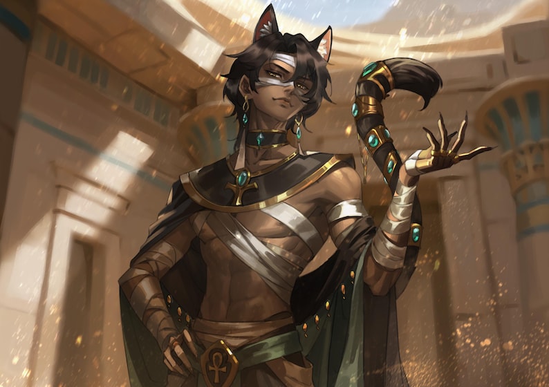 Op de afbeelding: Een digitale illustratie van een donkerhuidig personage met kattenoren en een staart, dragend een zwart-gouden halsband met een ankh-symbool, turkooizen oorbellen en witte windsels rond het bovenlichaam, de armen en de ogen in een tempel.