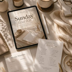 May include: Aesthetic flat lay featuring a tablet displaying a "Sunday Reset Kit" graphic, a lit candle, a cup of coffee, and a journal. Additional items include a pen, a knitted blanket, and printed checklists for planning and self-care.
