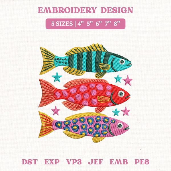 Summer Preppy Fish Embroidery File, Coastal Beach (Instant Download)