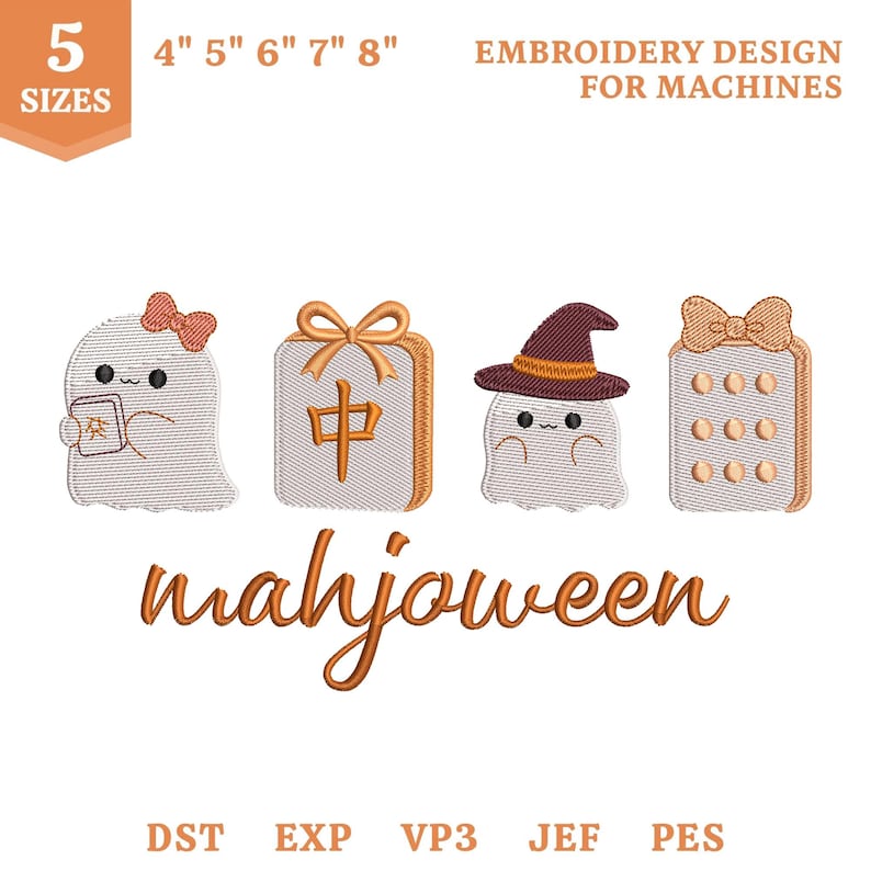Mahjoween Ghost Mahjong Tiles Embroidery File, Halloween Spooky Mahjong (Instant Download) image 1