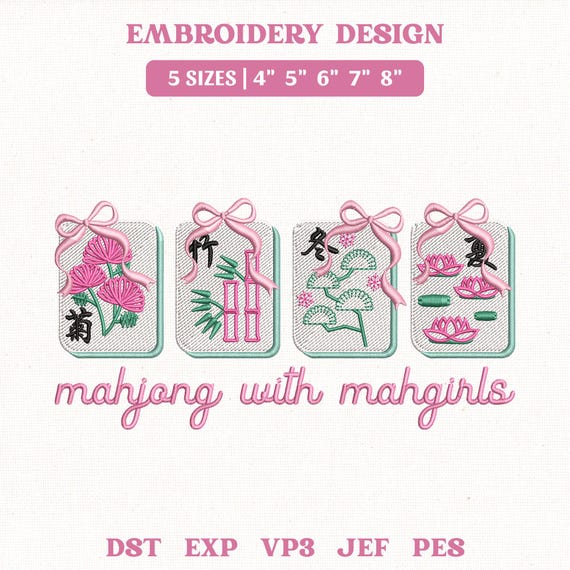 Mahjong With Mahgirls Embroidery File, Coquette Mahj Tiles Game (Instant Download)