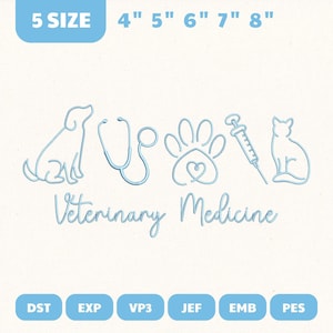 May include: Light blue line art of veterinary symbols including a dog, stethoscope, paw print with a heart, syringe, and cat. The text "Veterinary Medicine" is below the symbols. The image also includes size options from 4" to 8".