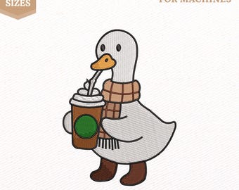Fall Coffee Silly Goose Embroidery File, Fall Vibes Animal Gift (Instant Download)