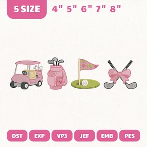 May include: Pink golf-themed embroidery designs. Includes a golf cart, golf bag, golf flag, and crossed golf clubs with a bow. The image also shows the sizes available: 4", 5", 6", 7", and 8".