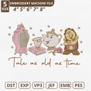 Può includere: Un file per macchina da ricamo con personaggi di una fiaba. Il design include un candelabro, una tazza, una teiera e un orologio, con il testo "Tale as old as time". Le dimensioni dei file sono 10,16 cm, 12,7 cm, 15,24 cm, 17,78 cm e 20,32 cm.