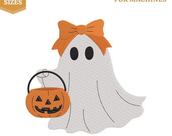 Coquette Bow Pumpkin Ghost Embroidery File, Halloween Boo Design (Instant Download)