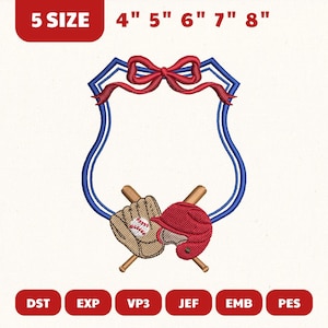 May include: Embroidered baseball design with a red bow, blue shield, and crossed bats. Includes a baseball glove, helmet, and ball. Sizes range from 4 to 8 inches. The design is available in DST, EXP, VP3, JEF, EMB, and PES formats.