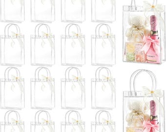 Doorzichtige plastic cadeauzakjes met handgrepen, lint, feestbedankje (24-delige bulkset)