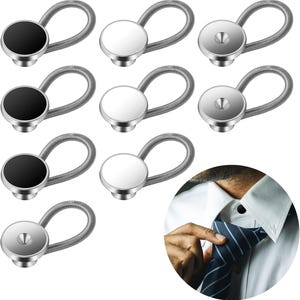 May include: A collection of button extenders with silver coiled springs and round, flat buttons in black, white, and silver. The extenders are shown in a group, with a person adjusting a tie in the background.