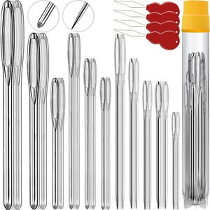 May include: A collection of silver-colored needles of varying sizes, with large eyelets, and a clear plastic tube with a yellow cap. Also included are several red needle threaders with wire loops.