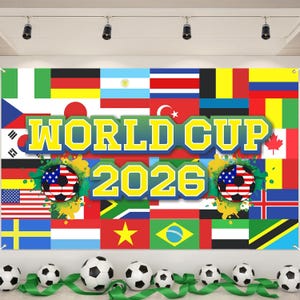 May include: A banner with the text "WORLD CUP 2026" in yellow and green, with soccer balls featuring the American flag. The background is a collage of international flags. Soccer balls and green ribbon are at the bottom.