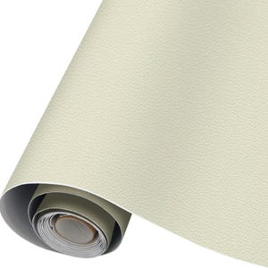May include: A roll of off-white faux leather material. The material has a textured surface and is rolled up, revealing the underside and the cardboard core. The color is a light, neutral tone, suitable for various crafting and design projects.
