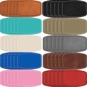 May include: A collection of rectangular patches in various colors, including brown, black, teal, tan, cream, gray, blue, dark brown, pink, and red. Each patch has a stitched border.