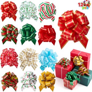 May include: A collection of colorful decorative bows in various designs and sizes. The bows are red, green, white, gold, and blue, with some featuring holiday patterns. Several wrapped gift boxes are also shown, each adorned with a bow.