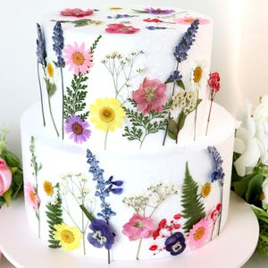 Può includere: Una torta bianca a due piani decorata con un assortimento di fiori secchi colorati. I fiori includono lavanda, margherite e altri fiori di campo, disposti in uno stile naturale e organico. La torta è posta su un vassoio bianco.
