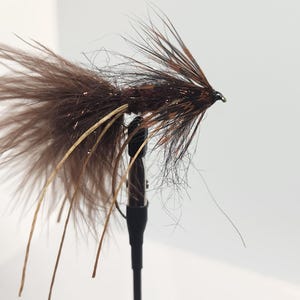 Könnte beinhalten: Eine braune und schwarze Fliegenfischer-Köder mit langen, dünnen, hellbraunen Fasern, die sich von unten erstrecken. Der Köder besteht aus Federn und anderen Materialien und ist an einem schwarzen Haken befestigt.