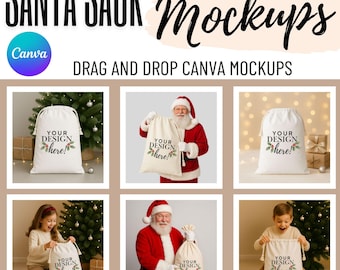 Lot de maquettes de sacs de Noël | Maquette de sac du père Noël | Maquette de sac cadeau vierge | Maquette du sac du père Noël POD | 12 modèles de glisser-déposer JPG et Canva