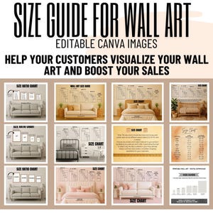 May include: An advertisement for wall art, showcasing a size guide and editable Canva images. The text reads "Size Guide for Wall Art," "Editable Canva Images," and "Help Your Customers Visualize Your Wall Art and Boost Your Sales."