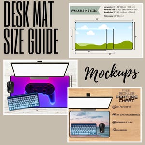 May include: A desk mat size guide with three size options: large (16" x 32"), medium (12" x 22"), and small (12" x 18"). The mat features a polyester top, anti-slip rubber base, and hemmed edges. The thickness is 0.12 inches.