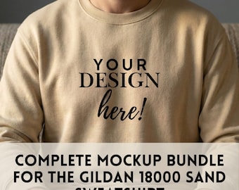 Complete Gildan 18000 Sand MEGA Mockup Bundle for Men |  Sand Sweatshirt Mockups – Drag n Drop Editable Canva Templates - Done for You