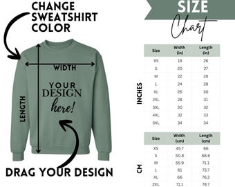 Gildan 18000 Size Chart Mockups (Editable Canva Templates) - Unisex Sweatshirt Size Charts | Drag and Drop Canva Editable Size Charts