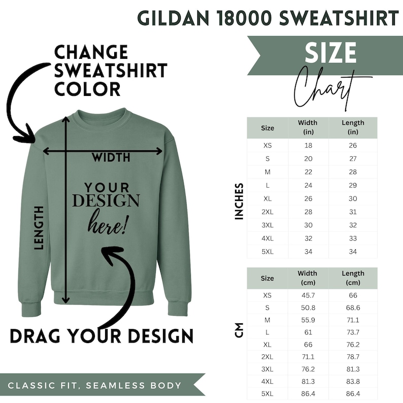Gildan 18000 Size Chart Mockups (editable Canva Templates) - Unisex ...