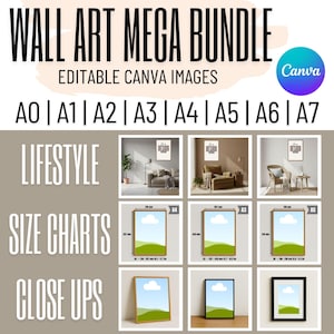 Peut inclure: Image promotionnelle pour un ensemble de méga-art mural, avec des images Canva modifiables. L'image comprend des exemples de style de vie, des tableaux de tailles et des gros plans des impressions d'art. L'image montre également les tailles A0, A1, A2, A3, A4, A5, A6 et A7.