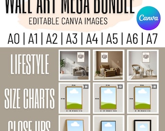 A-Series (A0, A1, A2, A3, A4, A5, A6, A7) Mega Wall Art Mockup Bundle With Size Chart | Drag and Drop Editable Canva Templates