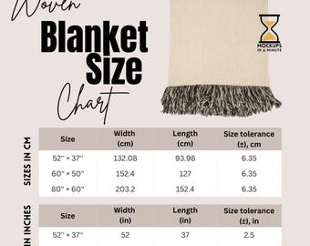 Woven Blanket Size Chart Mockup & Care Instructions Listing Photo | Edit With a Free Canva Account | Upgrade Your POD Woven Blanket Listing