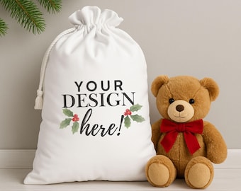 Ours en peluche avec maquette de sac de père Noël | Maquette de sac du père Noël | Maquette de sac de Noël | Maquette du sac du père Noël POD | 1 modèle JPG + 1 modèle de glisser-déposer Canva