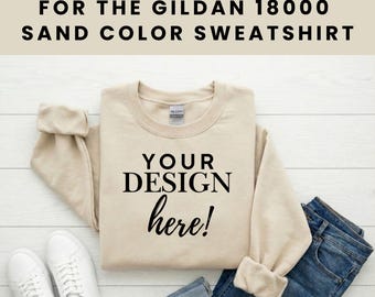 Complete Gildan 18000 Sand MEGA Mockup Bundle for Women |  Sand Sweatshirt Mockups – Drag n Drop Editable Canva Templates - Done for You