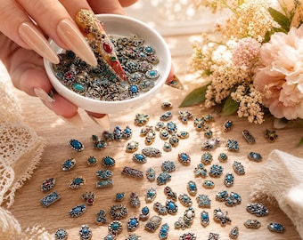 Western Turquoise Nail Charms 20PCS, Retro Metal 3D Nail Art Rhinestones, Vintage Cowboy Boho Nail Decorations, DIY Manicure