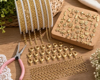 14K Gold Jewelry Chain Set for DIY Necklace & Bracelet Making, 5 Rolls 16.4ft Bulk Chains with Charms, Jump Rings, Clasps and Pliers