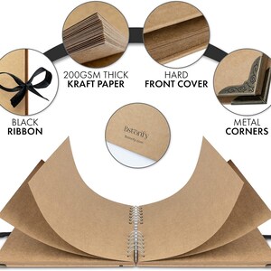 May include: An open scrapbook with kraft paper pages and a spiral binding. The cover is tied with a black ribbon. Features include metal corners, a hard front cover, and 200gsm thick kraft paper. The brand name "Bstorify" is visible.