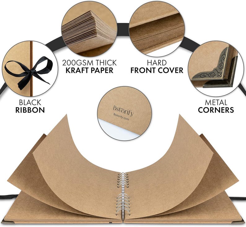 May include: An open scrapbook with kraft paper pages and a spiral binding. The cover is tied with a black ribbon. Features include metal corners, a hard front cover, and 200gsm thick kraft paper. The brand name "Bstorify" is visible.