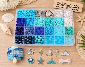 Blue Clay Bead Bracelet Making Kit, 24 Color Heishi & Glass Beads, Friendship Bracelet DIY Jewelry Making Kit, Ocean Theme Gift
