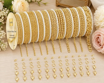 Gold Necklace Chains for Jewelry Making, 10 Rolls 78.7FT Bulk Gold Chain Set with Jump Rings, Lobster Clasps & Connectors