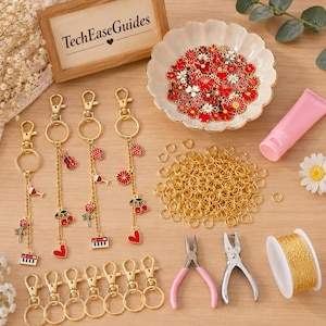 May include: A jewelry making kit featuring four assembled gold-tone keychains with enamel charms including cherries, roses, hearts, and guitars. Includes a bowl of assorted floral charms, a spool of gold chain, jump rings, and two pairs of pliers.