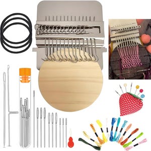 May include: A weaving loom kit with a silver metal frame, wooden base, and various tools. Includes needles, rubber bands, and colorful embroidery floss. A small pin cushion with pins is also included.